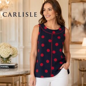 Carlisle Womens Navy Blue Red Polka Dot 100% Silk Sleeveless Blouse Top Size 4